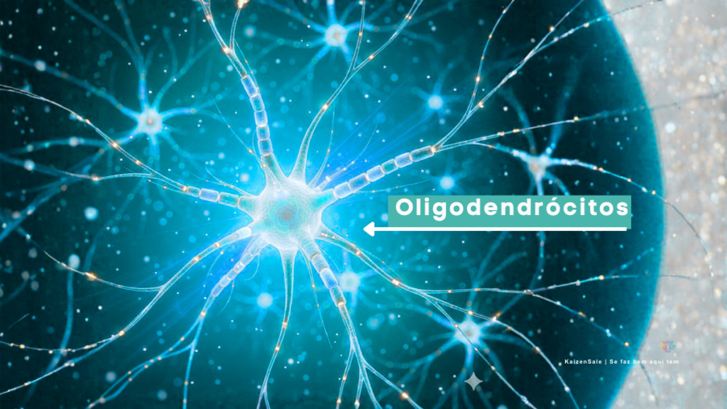 Representação visual de um oligodendrócito regenerando a substância branca do cérebro.